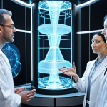 ** A diverse team of nuclear engineers collaborating around a holographic display of a reactor core. The leader, a woman with a confident expression, gestures towards the display, explaining a complex concept. Focus on teamwork, communication, and a modern, technologically advanced setting.

**