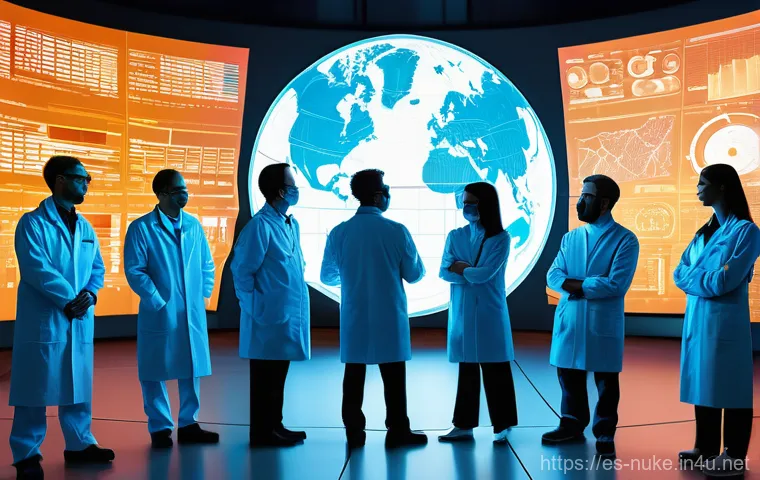 원자력 발전소의 국제 협력 사례 - **Prompt:** A diverse group of male and female scientists and engineers from various international b...